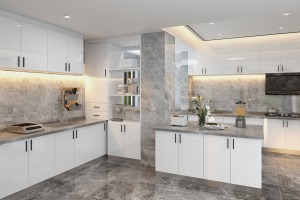 开放式的厨房可以把空间打开，显得通透自然。纯色橱柜搭配大理石纹理地板砖，打造了一处精致有品位的厨房区