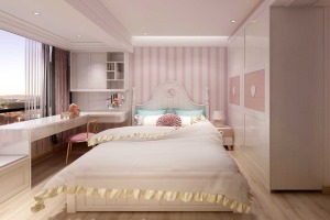儿童房以暖色调为主，柔和的床品搭配窗边粉色的椅子、背景墙，给小朋友营造一种柔和温馨的空间氛围。