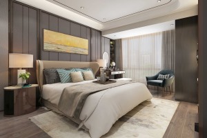 卧室以灰棕色为主，整体大气沉稳，床头的壁画在卧室中有画龙点睛的效果，进一步增强视觉空间的“品质感”。