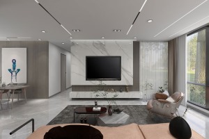 客厅简约淡雅的色调，配上品质不凡的家具，让住宅变得浪漫、优雅、舒适、自在。大理石电视背景墙增强了空间