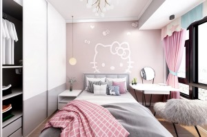 粉色系的床品与窗帘，给孩子提供一个温馨童真的居住环境。