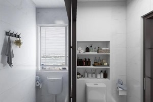 卫生间合二为一，用推拉门隔开两个空间，马桶的设计照顾到了老人的需求，墙壁式储物格空间大，便于洗浴用品