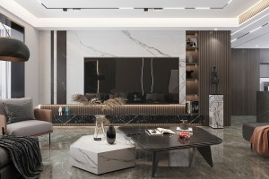 以优雅为主题的客厅空间，深色的电视以及茶几，为空间注入沉稳的气息，从天花板一直蔓延到地面的电视柜线条