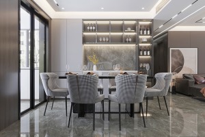 浅灰色的餐边柜，与黑白相间的餐椅相呼应，奠定了舒缓柔和的自然基调，餐具以及精致的摆件，串联起温暖的生
