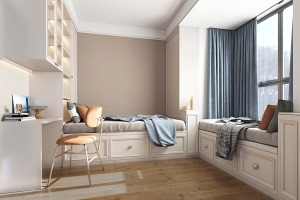 轮廓分明的柜子，与木地板交叠，纵横有序的线条延展，勾勒出精致的卧室空间，浅蓝调床品从中调和，飘窗将室
