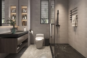 卫生间采用干湿分离的布局，保持空间的清爽干净。深色的浴室收纳柜点缀空间整体美感，强化空间感设计，使空