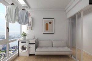 储物间放置了洗漱台以及嵌入式洗衣机，再搭配小型布艺沙发，将空间利用率最大化。