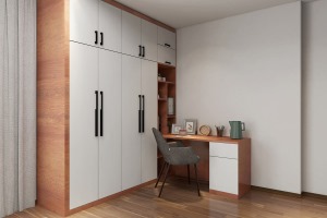 设计师采用衣柜与书柜一体的形式，既节省了空间，又增强了实用性，一举两得。
