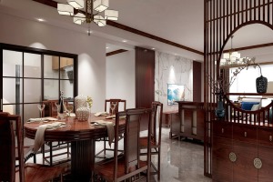 棱角分明的灯饰、精致的中式餐桌餐椅，展现出中式家居的层次之美。