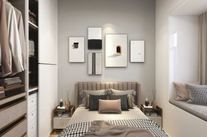 浅灰色的背景墙，搭配时尚简约的床头柜摆件与挂画，为卧室营造出松弛、雅致的氛围。