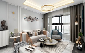 米黄相间的沙发、布置精致的抱枕以及金属质地的茶几摆件，展现出舒适的华丽感，蓝色沙发的点缀，更是让客厅