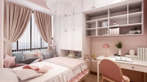 儿童房以白色为主，粉色系的点缀，打破空间的沉闷，营造静谧、舒适的睡眠氛围。