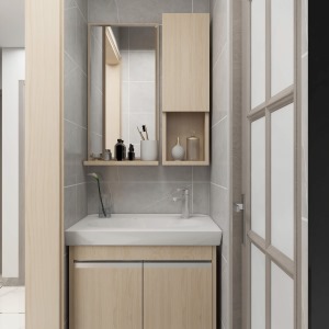充满现代感的洗漱台、浅色柔和的功能柜，小小空间却功能齐全，一应俱全。