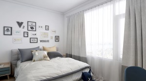 浅灰色的窗帘、搭配雅致的的床品，营造一种轻松柔和的氛围。墙上的组合挂画，充满了童真。