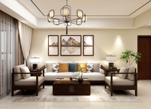极简的线条与淡雅的布艺沙发、组合壁画，宁静质朴气质非凡。