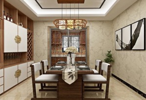 餐边设计了一门到顶的餐边柜，金属质感的门把手给予古典元素中一抹现代的神韵。