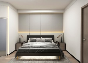 浅灰色的墙壁搭配灰色调的精致床品，打造一个极致简约的居住环境。
