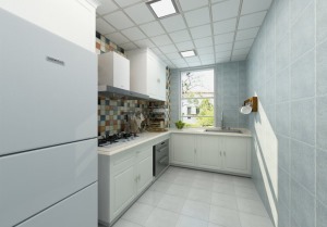 厨房整体色调为浅灰色，彩色墙砖的点缀，使得厨房增添了田园气息。
