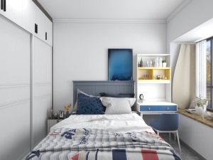 儿童房以白色为主，再以蓝色调为点缀，为儿童打造一个轻松舒适的居住环境。