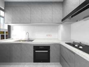 厨房整体以浅灰色为主，再以白色作为点缀，整体简单又大气。