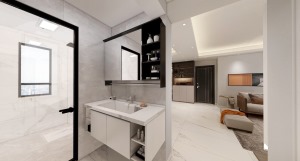 白色的洗手台搭配黑色的收纳柜，营造出舒适温柔的洗漱空间。