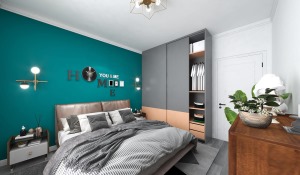 卧室的背景墙以蓝色为主，搭配灰色床单与白色的墙顶，层次感十足。
