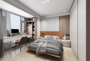 棕色的床搭配灰色的床品，增添了空間的現代感。