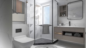 白色的瓷砖搭配灰色的洗漱台收纳柜，低调而内敛，营造整个空间简洁干净的氛围。