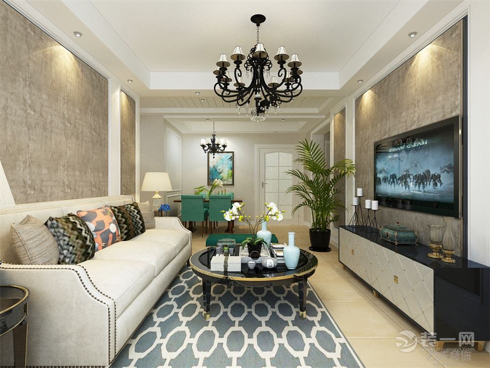 客厅作为待客区域，整体设计简洁明快，同时装修较其它空间要更明快光鲜，电视背景墙采用白色木作的板面圈边