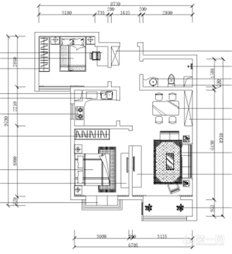 客厅作为待客区域，要明快光鲜，用白色砖电视墙实用美观，使整体上有一种宽敞而富有复古气息。墙面采用灰色