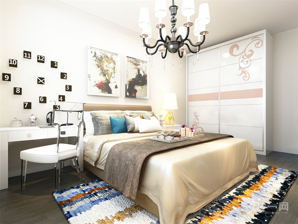 卧室的墙面通刷浅色乳胶漆，加以一些时尚的配饰来点缀空间。