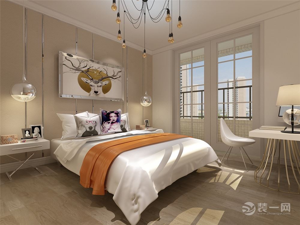          卧室整体以白色为主，部分用黄色的床单、个性的抱枕，搭配黄色的灯光以及现代软装的画幅
