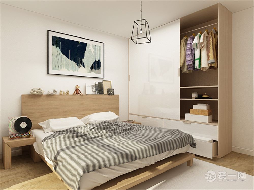 主卧室，实木的家具，铁质的吊灯，白色与木色相间的衣柜，展现出北欧的特点，儿童房，以暖色为主，百叶的衣