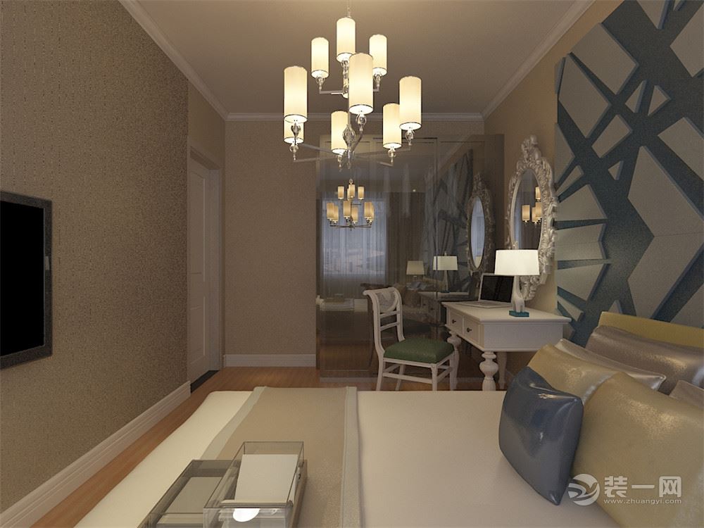 客厅作为待客区域，要稳重，用白色地砖，使整体上宽敞。墙面顶面采用上下两种颜色，这样使视觉上具有层次感