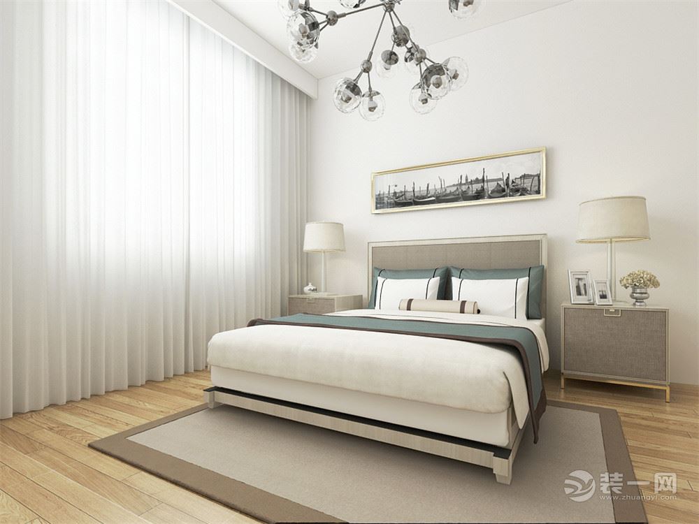 主卧室采用原木色、咖色、浅咖色、米以及绿植等色彩元素搭配的床整体体现温馨的感觉，柔和的色调，不会显得