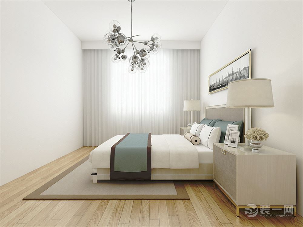 主卧室采用原木色、咖色、浅咖色、米以及绿植等色彩元素搭配的床整体体现温馨的感觉，柔和的色调，不会显得