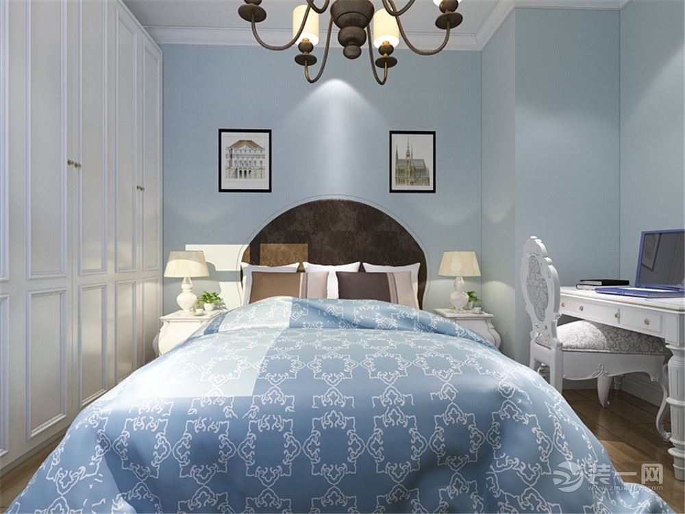 卧室背景墙用浅蓝色做装饰，白、蓝等色彩元素搭配整体体现温馨的感觉，柔和的色调，不会显得混乱。