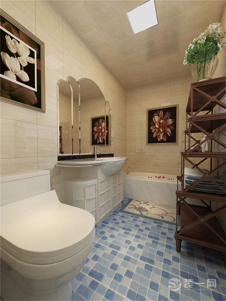 卫生间地面采用蓝色马赛克的地砖，内置长方形圆角浴缸，白色洗手池上方一面较大的镜面，对面放置一个木架方