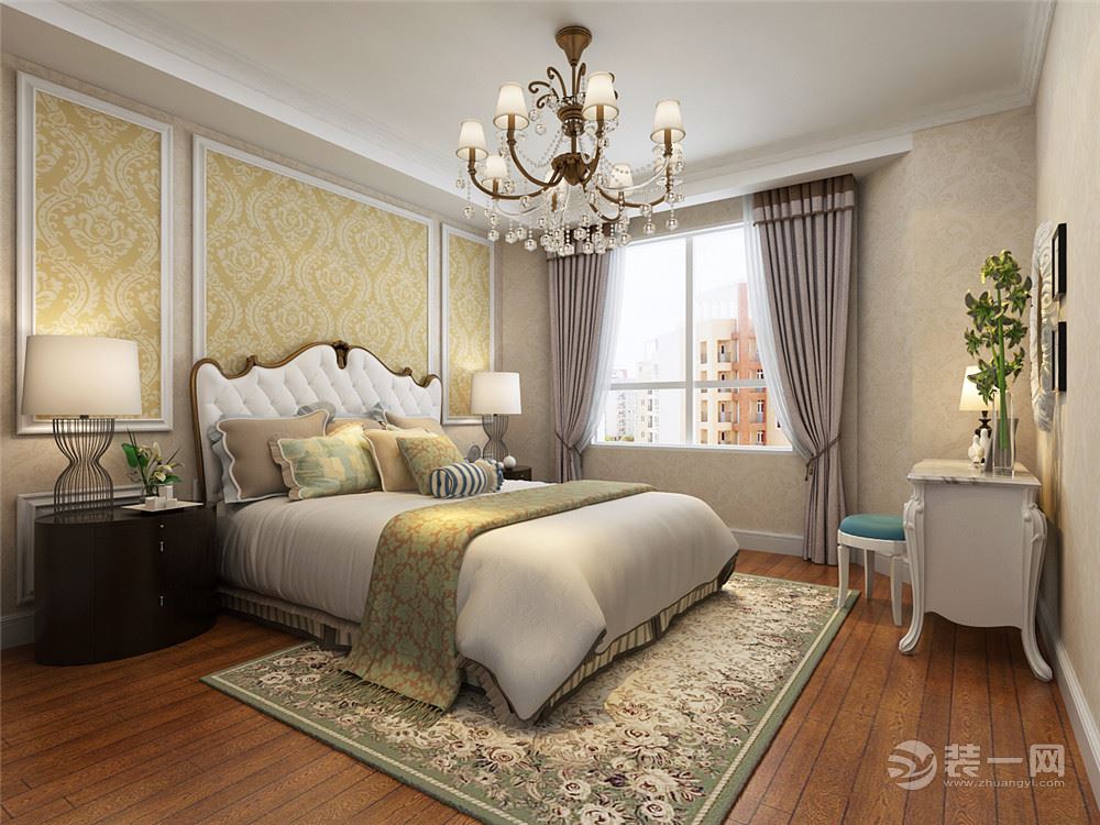 卧室背景墙用石膏线做装饰，白、黄、等色彩元素搭配的床整体体现温馨的感觉，柔和的色调，不会显得混乱