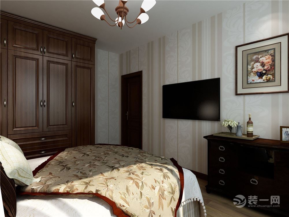 卧室采用美式国王床与墙纸做搭配，墙面的挂画调节空间的视觉感
