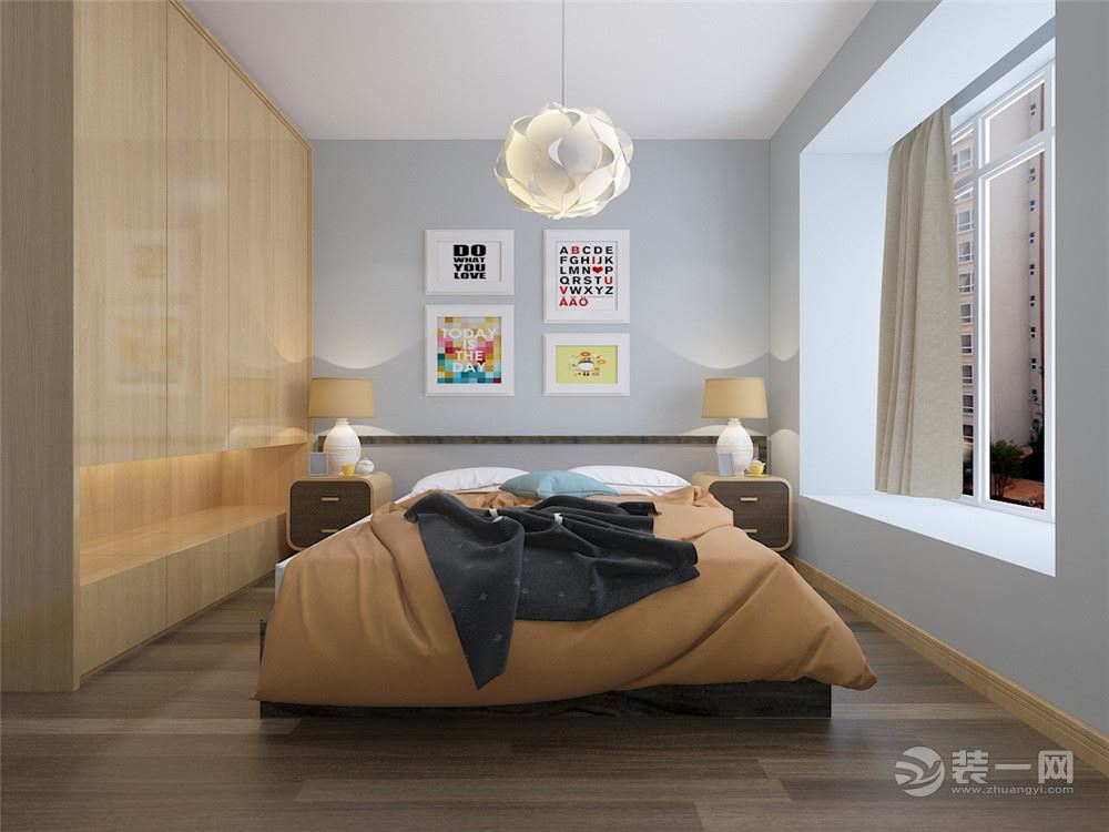 卧室与客厅在墙面上有区分，采用蓝灰色乳胶漆，地面选择强化复合地板床头背景墙用白色边框装饰画作为装饰