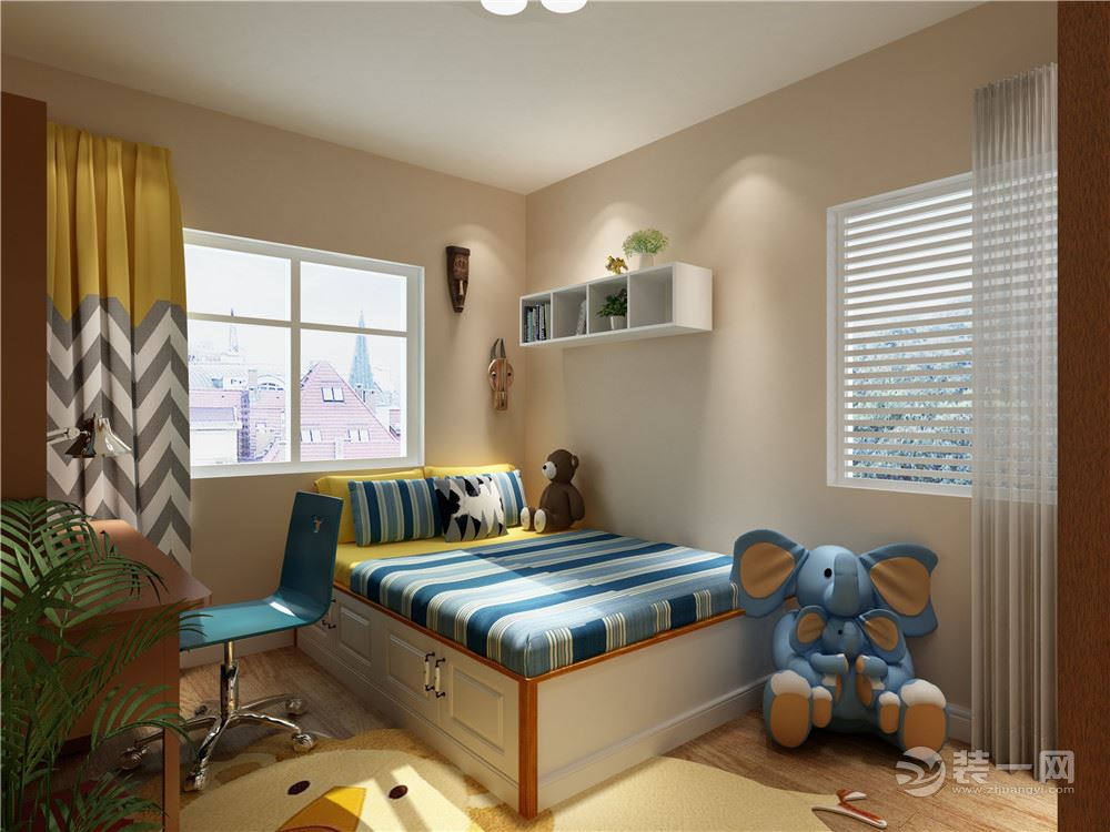儿童房，以蓝色做代表色，墙面用装饰调整在屋内，采用黄色窗帘做搭配，适合对温馨生活喜欢的客户