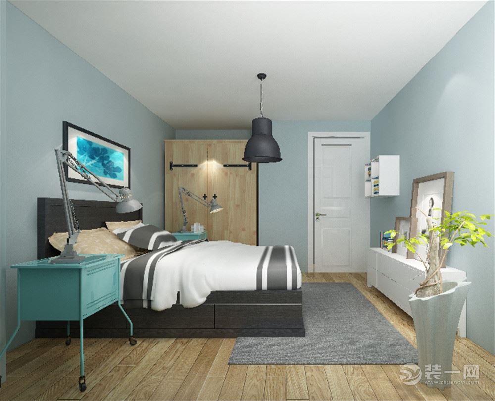 卧室以清凉的浅蓝色主卫整个空间的主色，次卧同意主卧