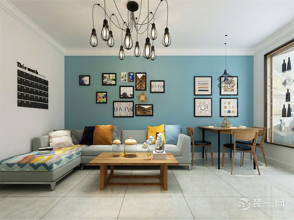 沙发背景墙采用蓝色乳胶漆通刷，提高了屋子里的亮度