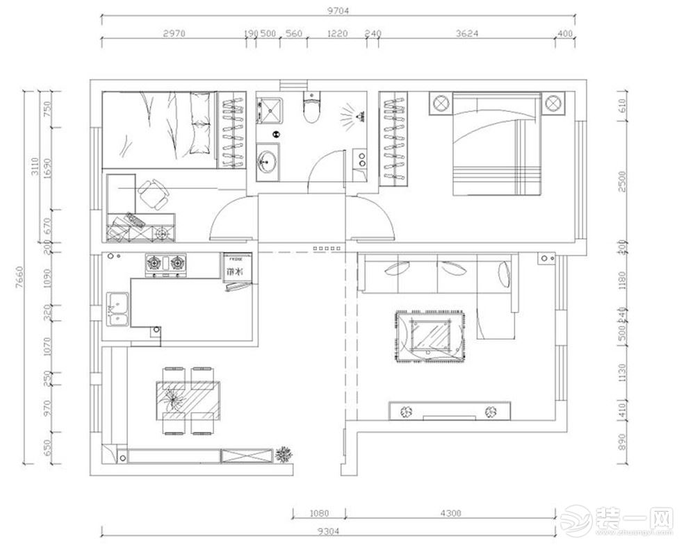 本案例为诺德中心户型，户型面积约78平米，两室两厅一厨一卫标准户型