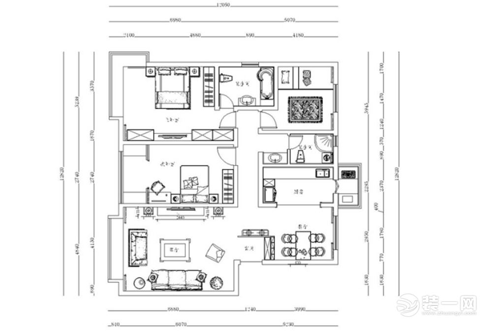 本户型是三室两厅两卫的住宅设计方案，设计风格为简欧