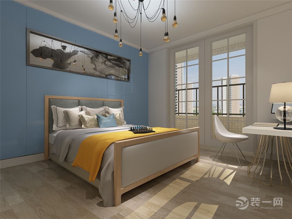 卧室整体以白色为主，部分用黄色的床单、浅蓝的背景墙