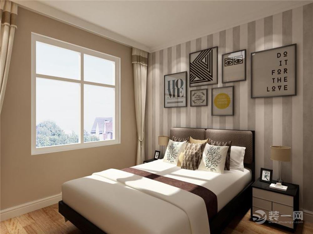 床头背景墙用墙纸搭配，屋内冷暖色相呼应主与背景墙挂画搭配的整体体现舒服的感觉