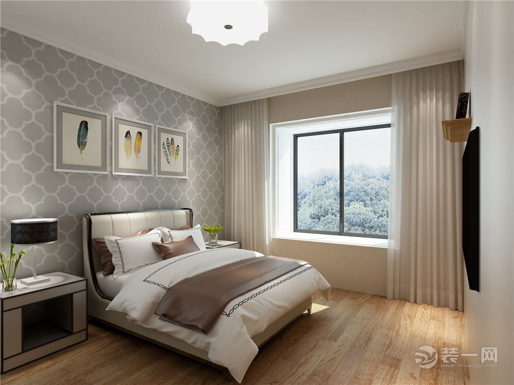 床头背景墙用墙纸搭配，屋内冷暖色相呼应主与背景墙挂画搭配的整体体现舒服的感觉