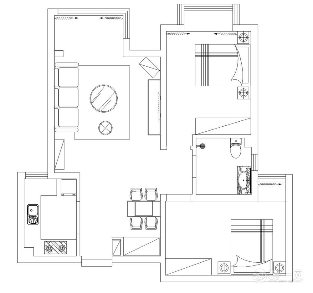本案户型是2室2厅1卫1厨，建筑面积约80平方米